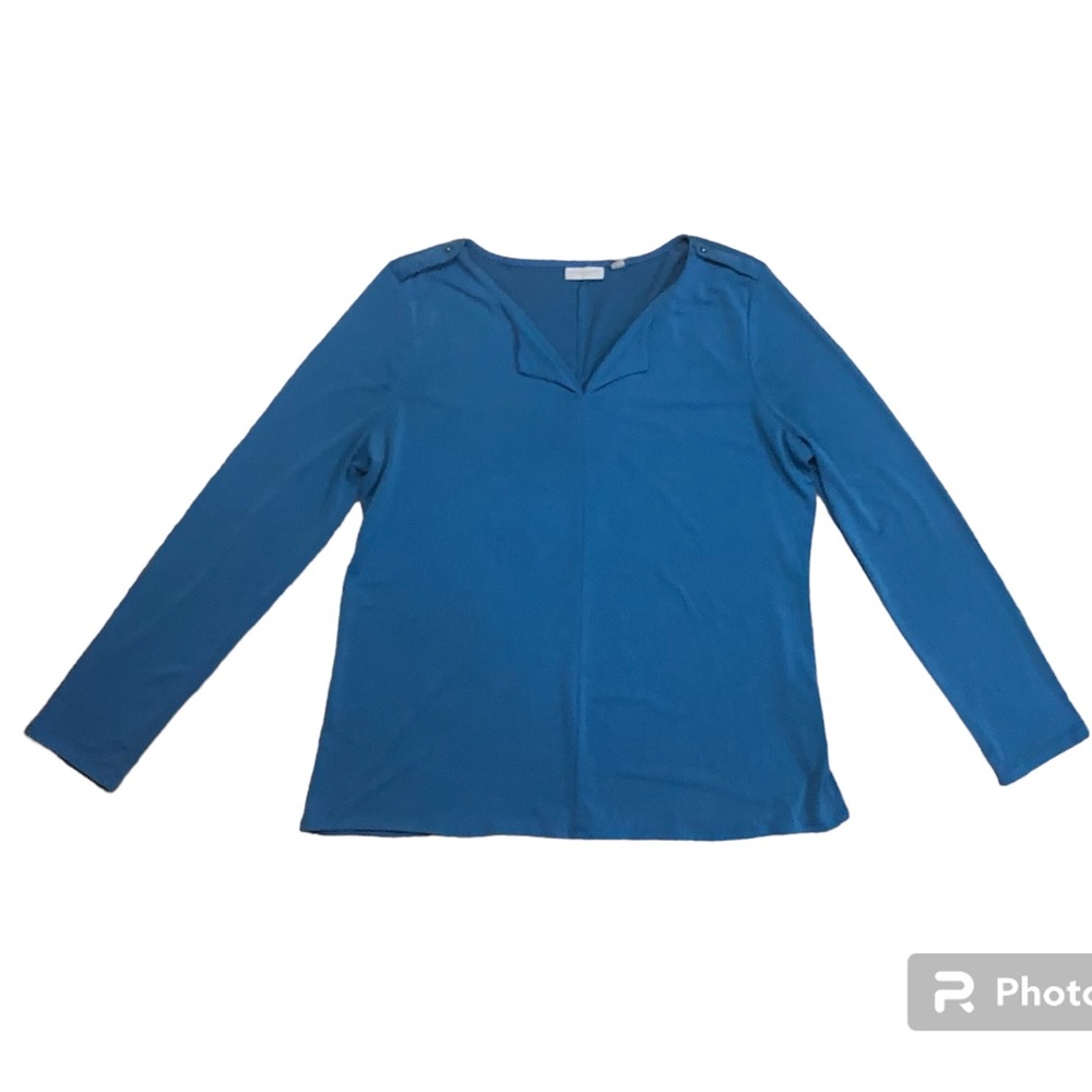 New York & Company sky blue long sleeve split neck stretchy top, XL